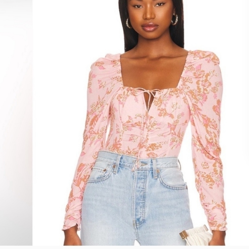 FREE People HILARY Printed Top Blouse Pink Combo Floral Small NEW!